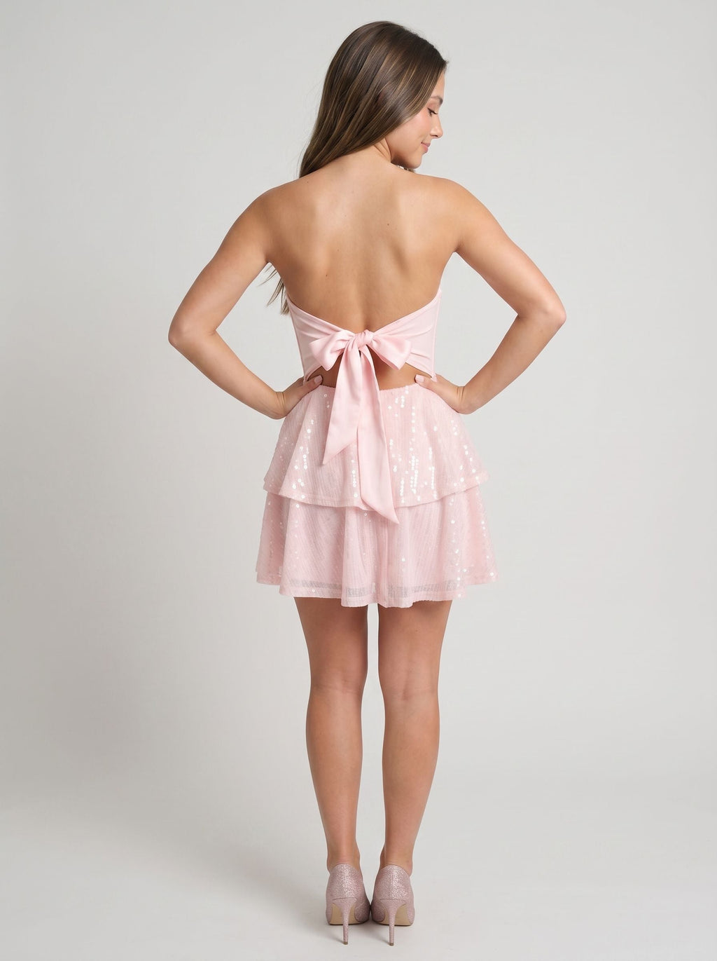 Blushing Pink Sequins A-Line Straight Neck Bow Short Dress - Curvevia