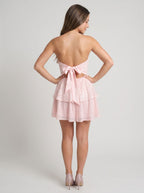 Blushing Pink Sequins A-Line Straight Neck Bow Short Dress - Curvevia