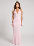 Blushing Pink Matte Satin Column Halter neckline Backless Floor-Length Dress with Lace Trim - Curvevia