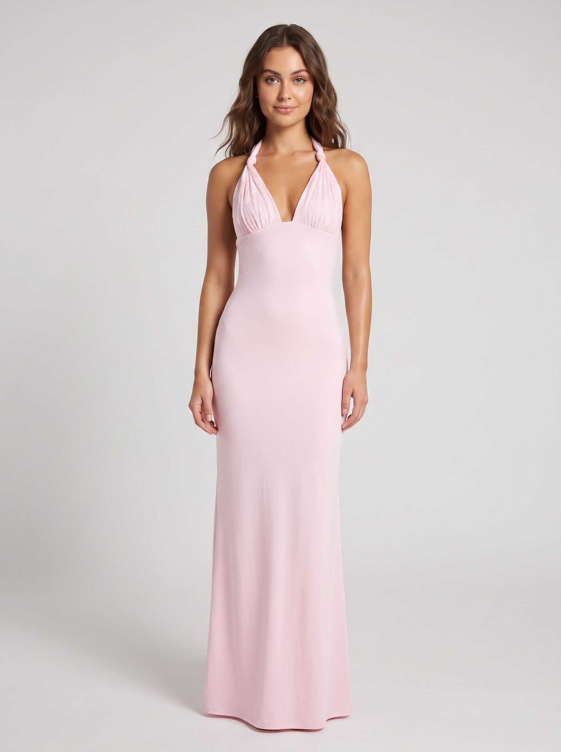 Blushing Pink Matte Satin Column Halter neckline Backless Floor-Length Dress with Lace Trim - Curvevia