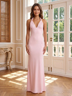 Blushing Pink Matte Satin Column Halter neckline Backless Floor-Length Dress with Lace Trim - Curvevia