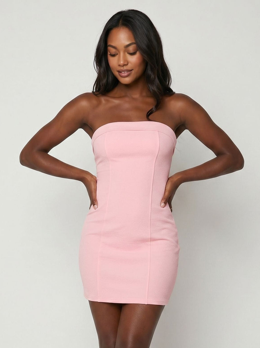Petal Stretch Knit Sheath Straight Neck Back Zip Short Dress with Minimalist Bodice - Curvevia