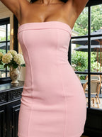 Petal Stretch Knit Sheath Straight Neck Back Zip Short Dress with Minimalist Bodice - Curvevia