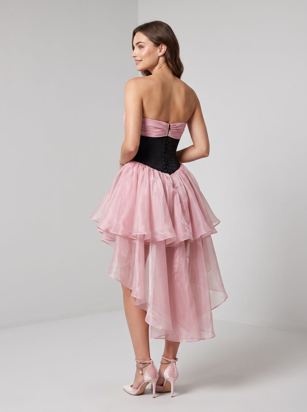Petal Tulle A-Line Sweetheart Back Zip Asymmetrical Dress with Tiered Skirt - Curvevia