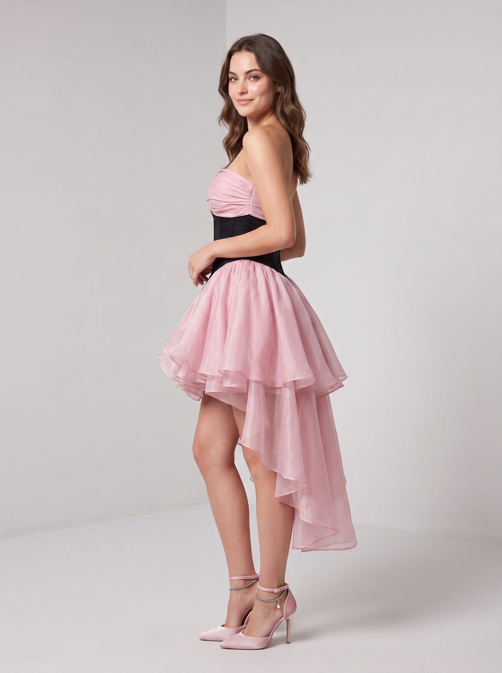 Petal Tulle A-Line Sweetheart Back Zip Asymmetrical Dress with Tiered Skirt - Curvevia