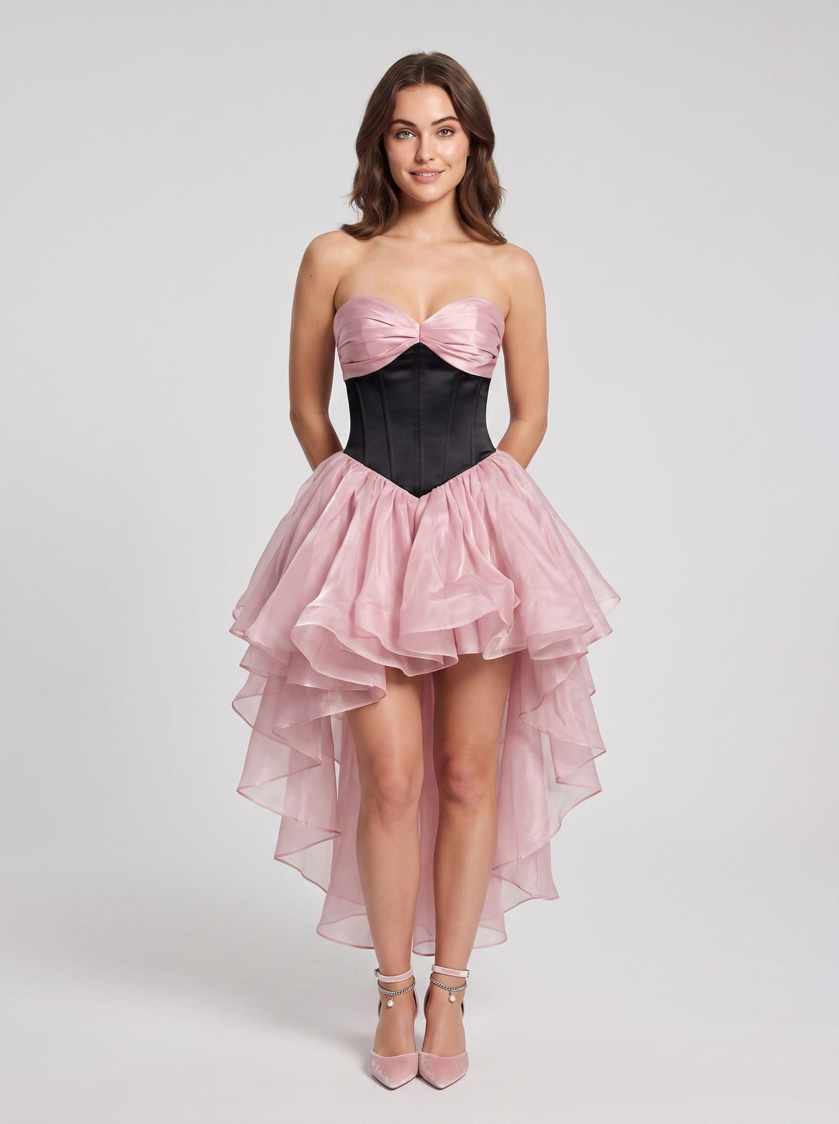 Petal Tulle A-Line Sweetheart Back Zip Asymmetrical Dress with Tiered Skirt - Curvevia