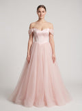 Blushing Pink Tulle A-Line Off-the-Shoulder Backless Floor-Length Dress with Built-In Bra - Curvevia