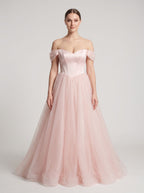 Blushing Pink Tulle A-Line Off-the-Shoulder Backless Floor-Length Dress with Built-In Bra - Curvevia