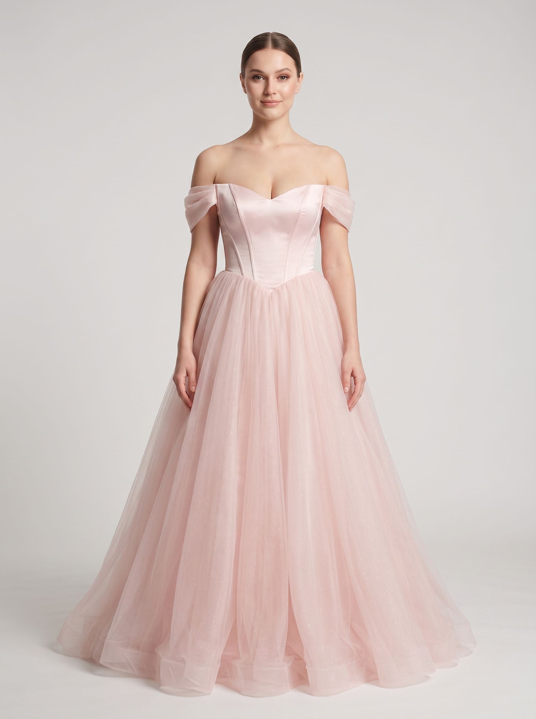 Blushing Pink Tulle A-Line Off-the-Shoulder Backless Floor-Length Dress with Built-In Bra - Curvevia