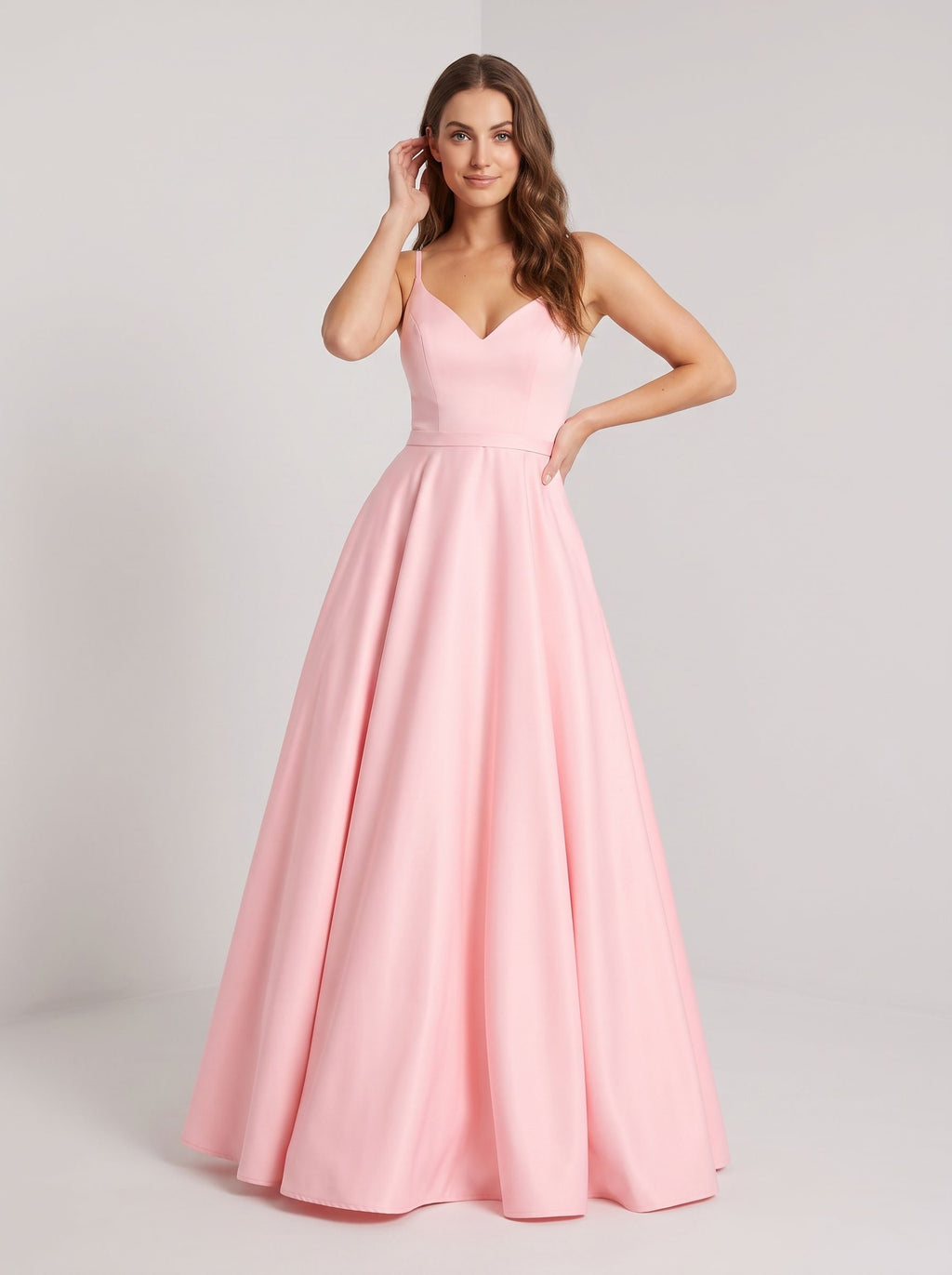Petal Matte Satin A-Line V-Neck Back Zip Floor-Length Dress with Belted Waist - Curvevia
