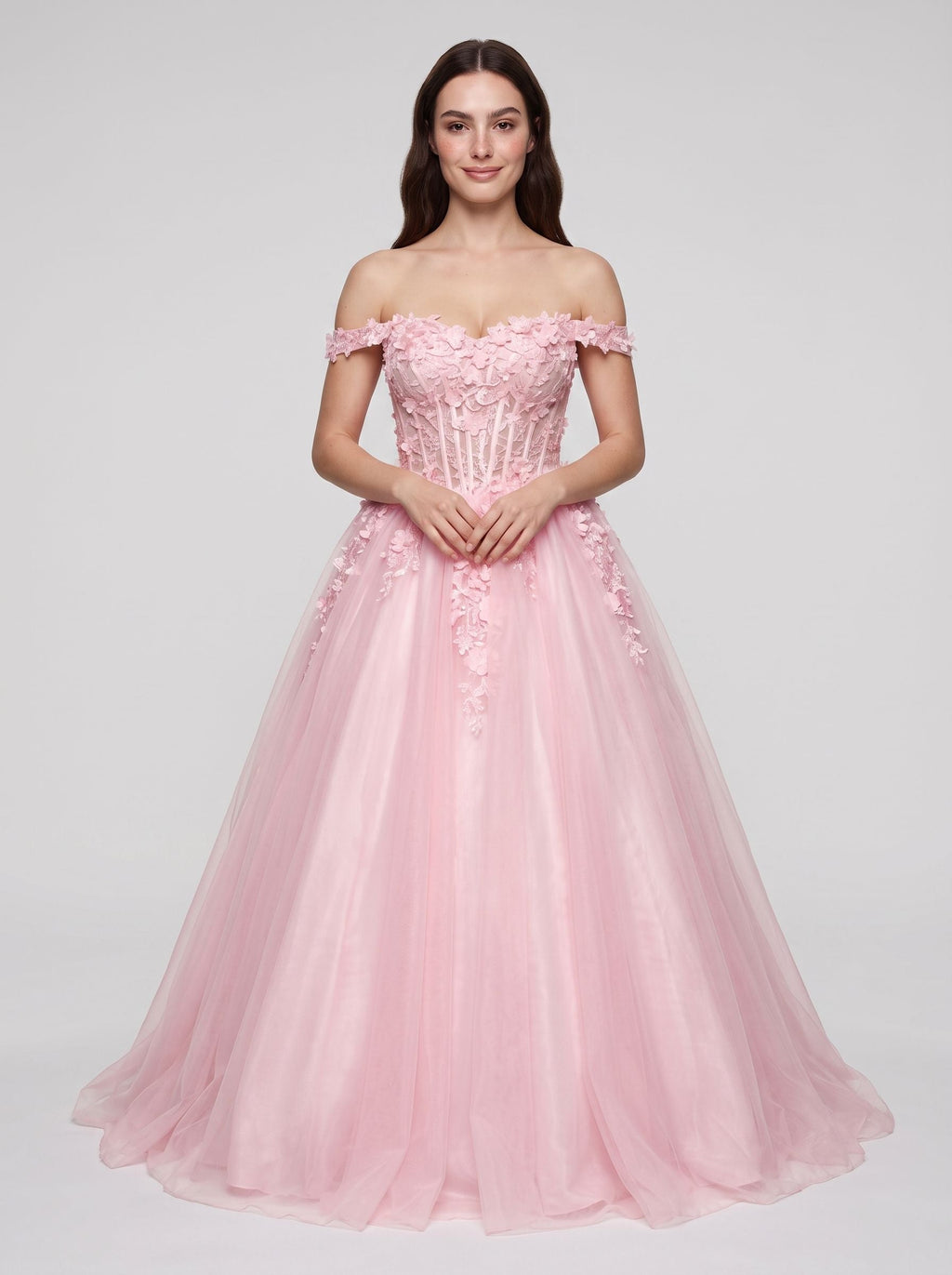 Petal Tulle A-Line Off-the-Shoulder Lace-up Floor-Length Dress with Lace Bodice - Curvevia