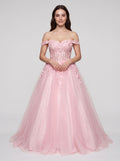 Petal Tulle A-Line Off-the-Shoulder Lace-up Floor-Length Dress with Lace Bodice - Curvevia