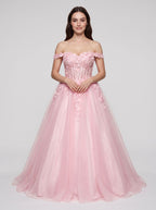 Petal Tulle A-Line Off-the-Shoulder Lace-up Floor-Length Dress with Lace Bodice - Curvevia
