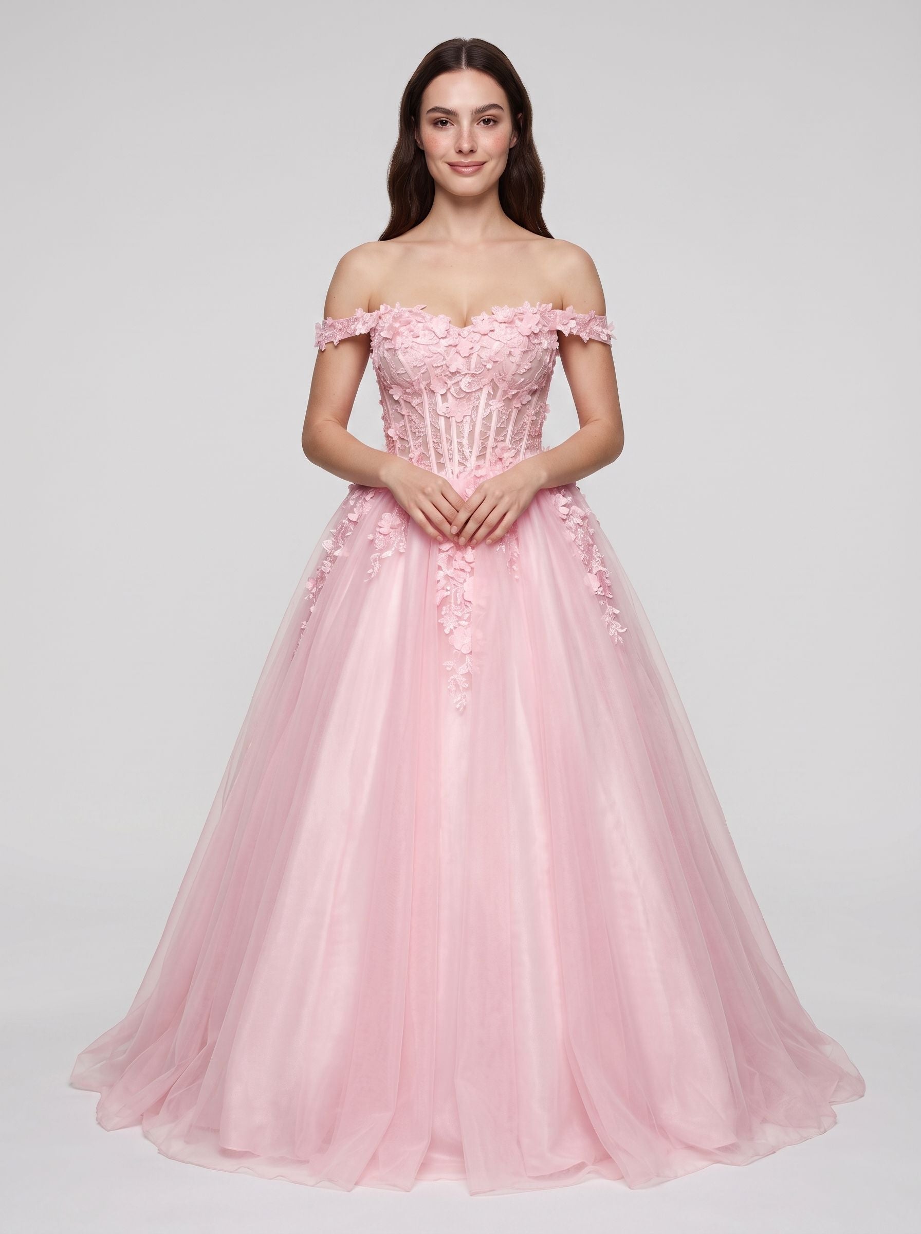 Petal Tulle A-Line Off-the-Shoulder Lace-up Floor-Length Dress with Lace Bodice - Curvevia