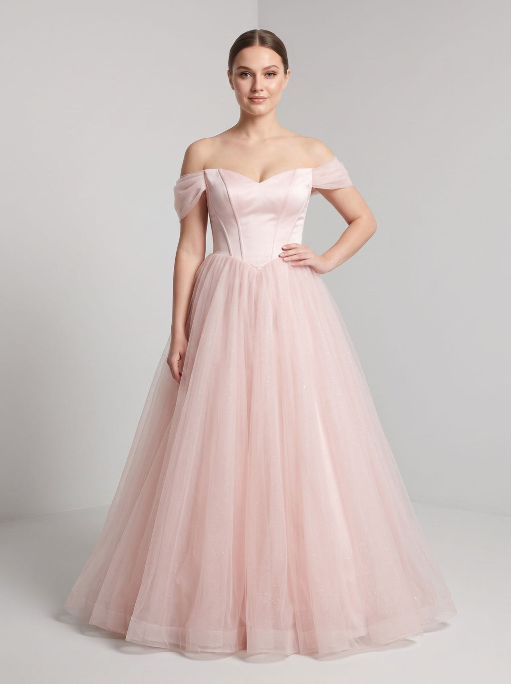 Blushing Pink Tulle A-Line Off-the-Shoulder Backless Floor-Length Dress with Built-In Bra - Curvevia