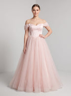 Blushing Pink Tulle A-Line Off-the-Shoulder Backless Floor-Length Dress with Built-In Bra - Curvevia