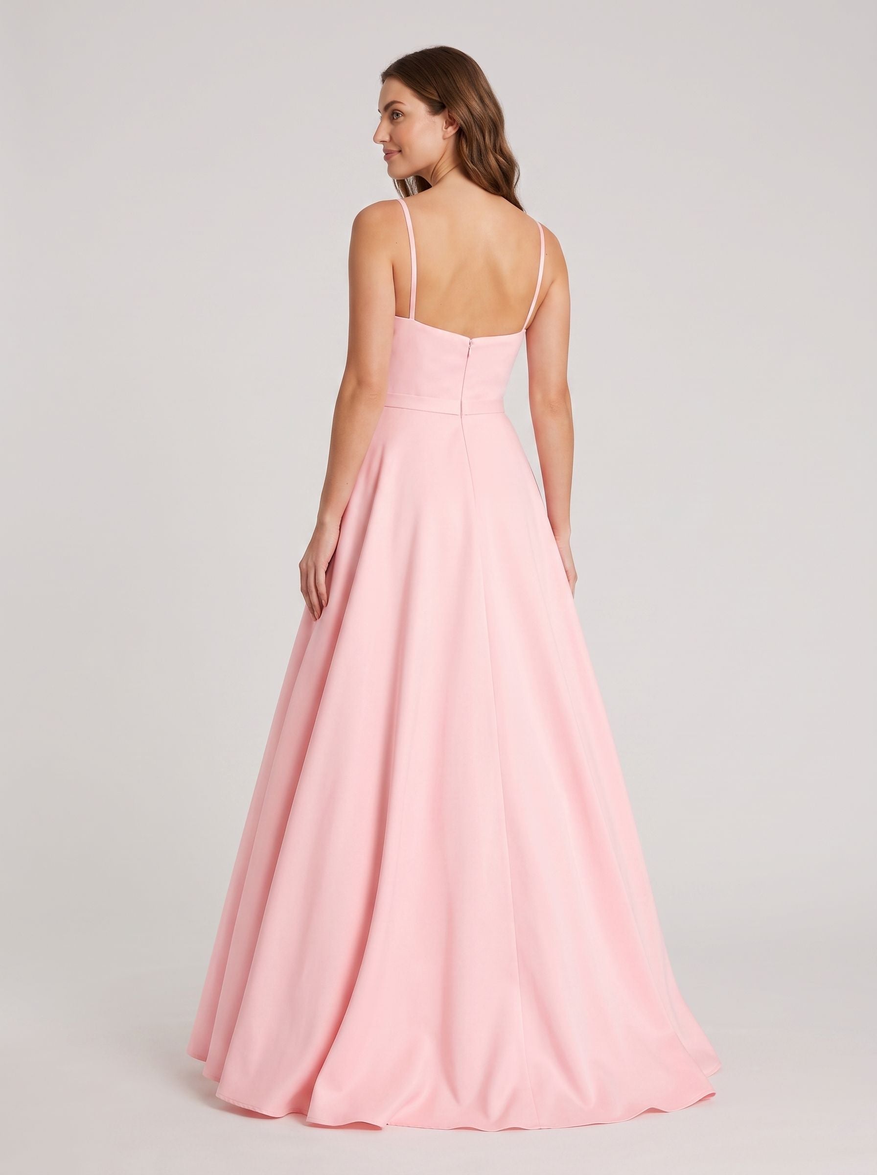 Petal Matte Satin A-Line V-Neck Back Zip Floor-Length Dress with Belted Waist - Curvevia