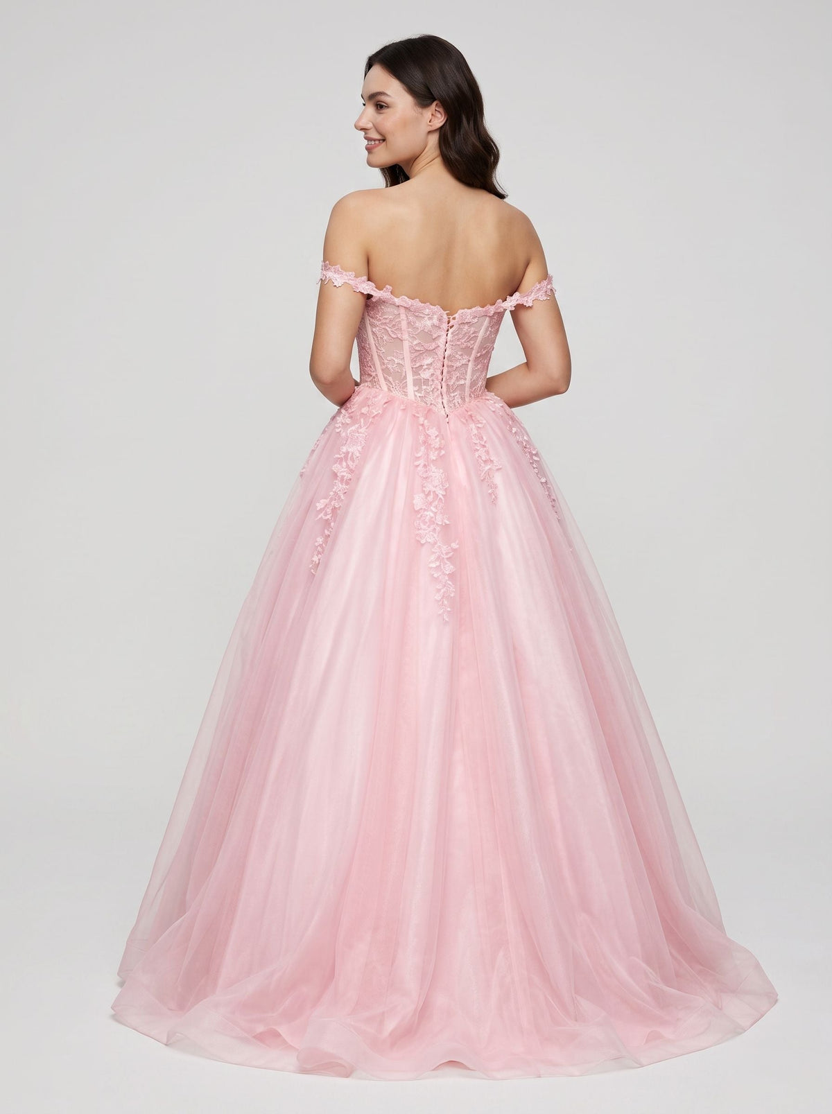 Petal Tulle A-Line Off-the-Shoulder Lace-up Floor-Length Dress with Lace Bodice - Curvevia