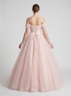 Blushing Pink Tulle A-Line Off-the-Shoulder Backless Floor-Length Dress with Built-In Bra - Curvevia