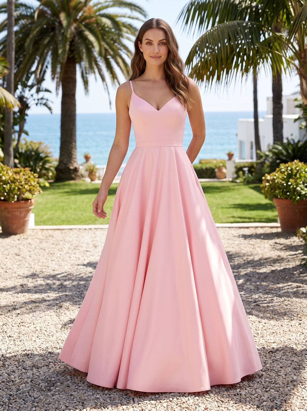 Petal Matte Satin A-Line V-Neck Back Zip Floor-Length Dress with Belted Waist - Curvevia