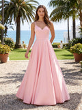 Petal Matte Satin A-Line V-Neck Back Zip Floor-Length Dress with Belted Waist - Curvevia