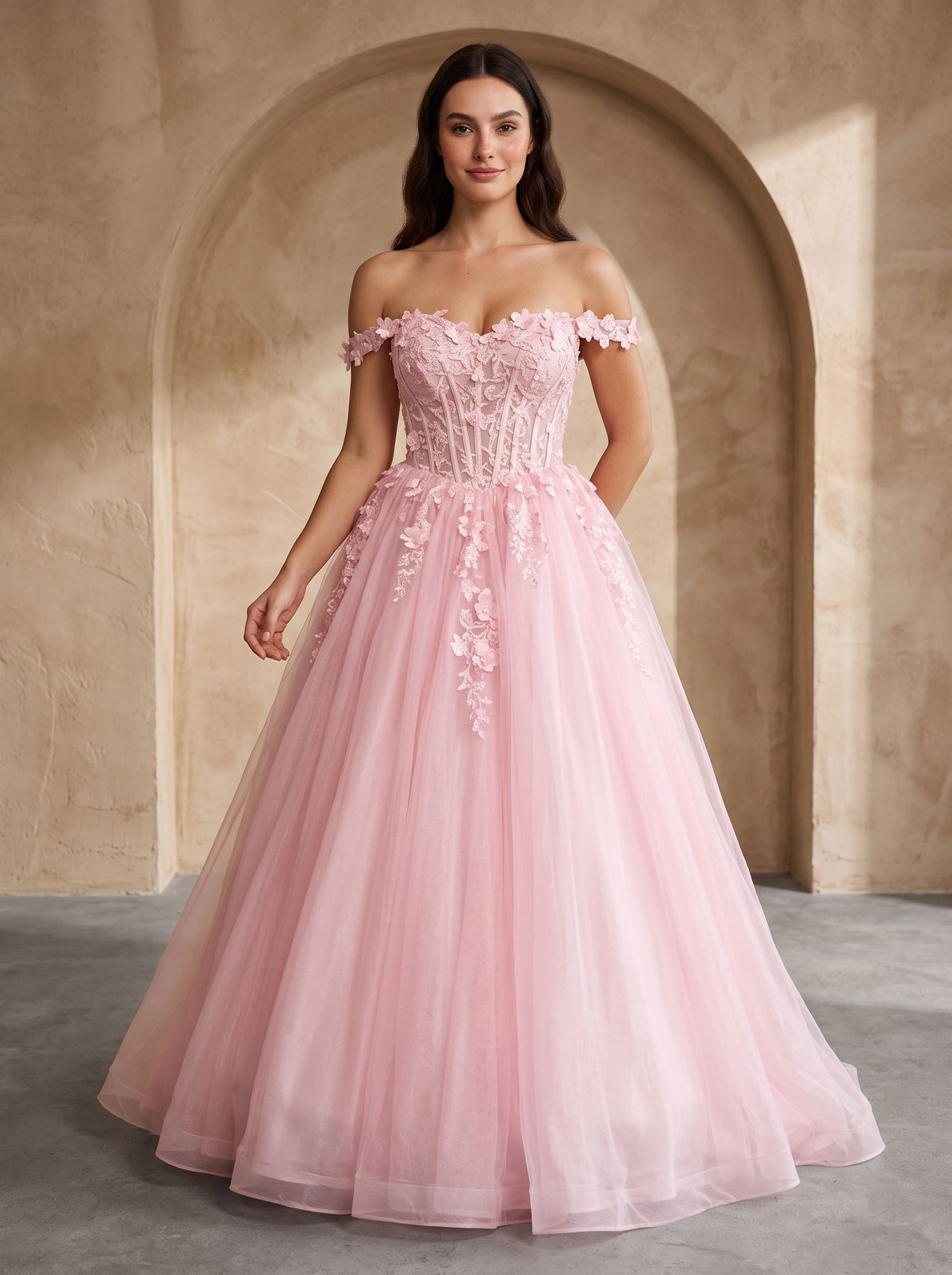 Petal Tulle A-Line Off-the-Shoulder Lace-up Floor-Length Dress with Lace Bodice - Curvevia
