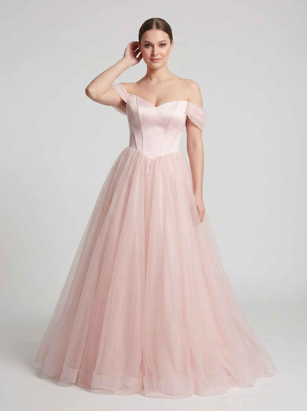 Blushing Pink Tulle A-Line Off-the-Shoulder Backless Floor-Length Dress with Built-In Bra - Curvevia