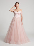 Blushing Pink Tulle A-Line Off-the-Shoulder Backless Floor-Length Dress with Built-In Bra - Curvevia