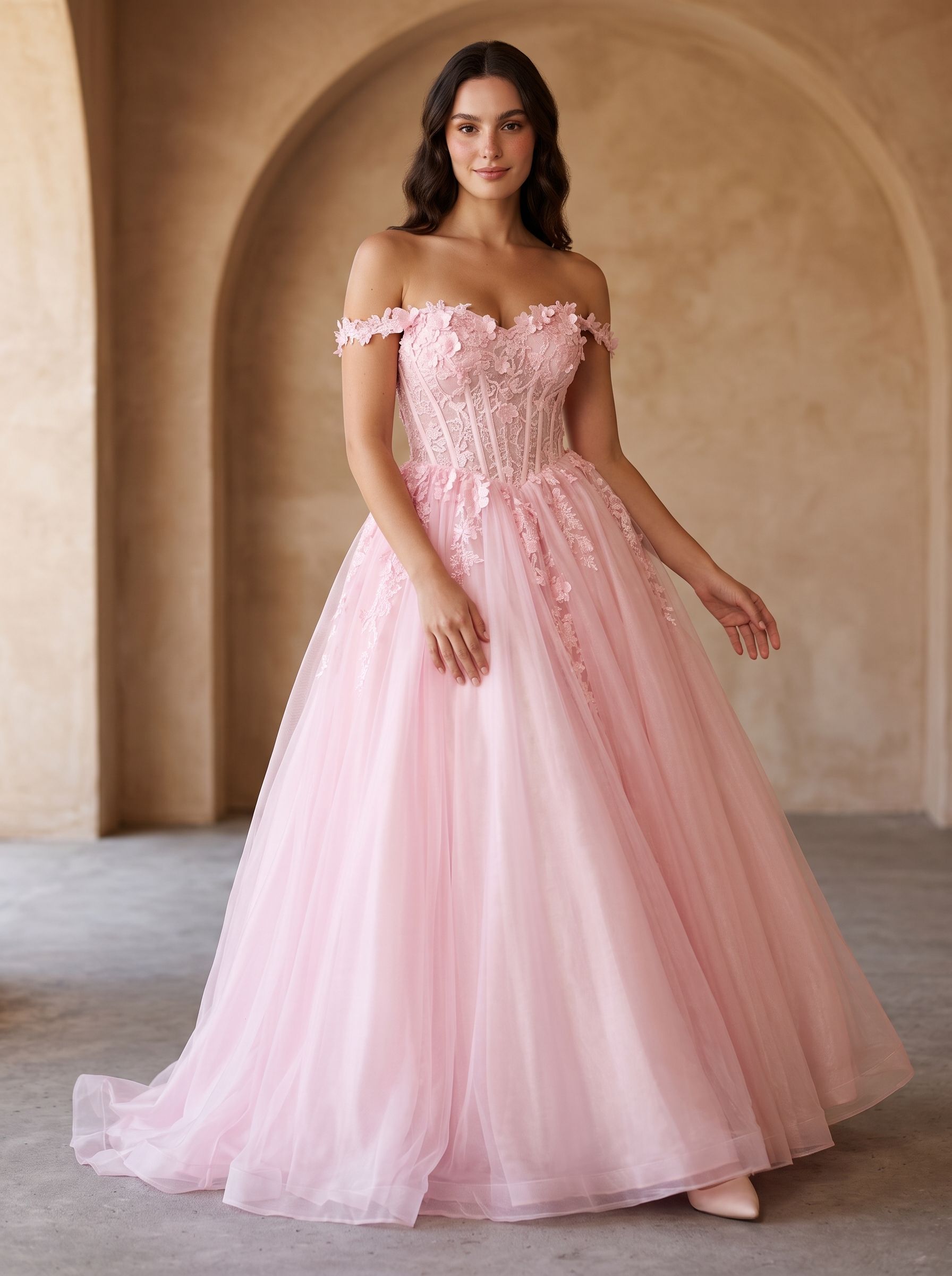 Petal Tulle A-Line Off-the-Shoulder Lace-up Floor-Length Dress with Lace Bodice - Curvevia