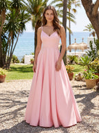 Petal Matte Satin A-Line V-Neck Back Zip Floor-Length Dress with Belted Waist - Curvevia