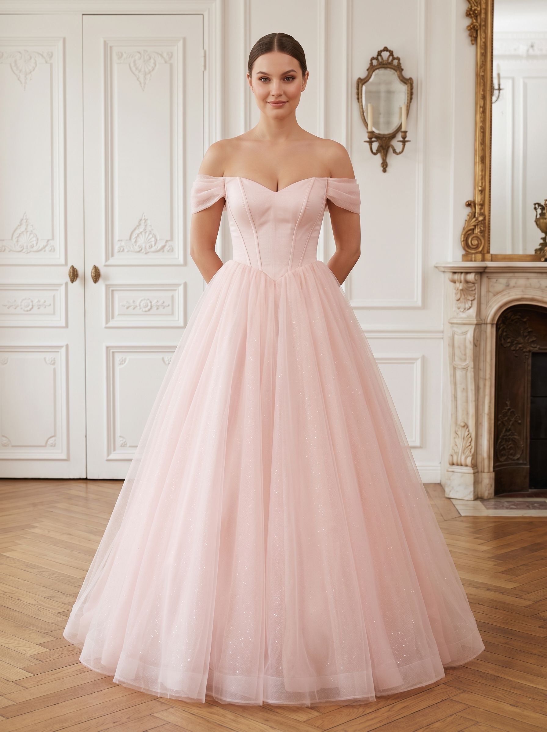 Blushing Pink Tulle A-Line Off-the-Shoulder Backless Floor-Length Dress with Built-In Bra - Curvevia