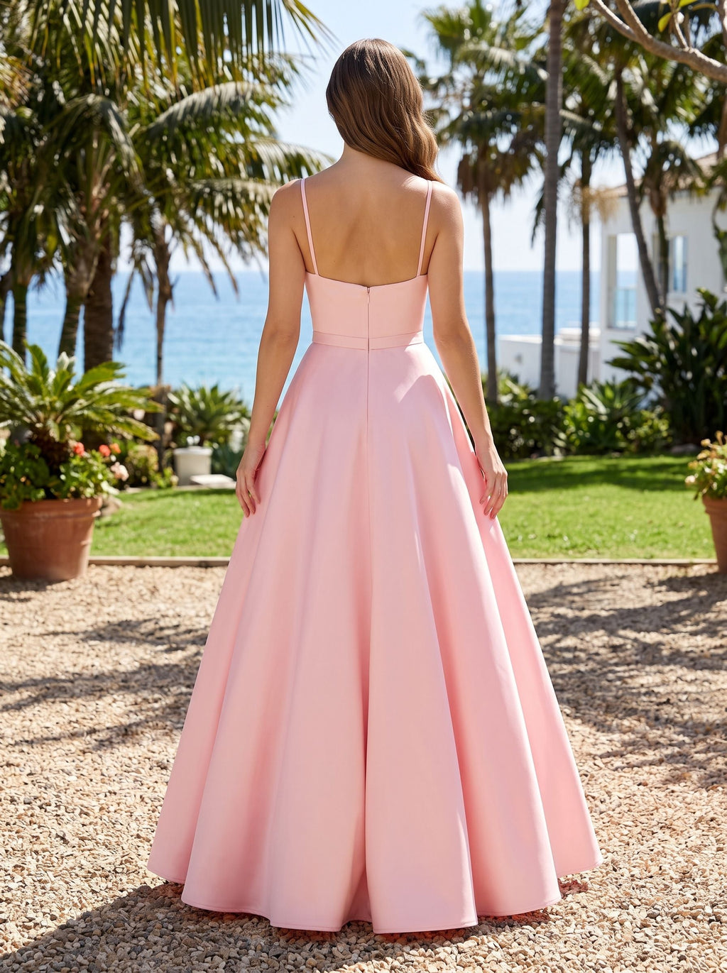 Petal Matte Satin A-Line V-Neck Back Zip Floor-Length Dress with Belted Waist - Curvevia