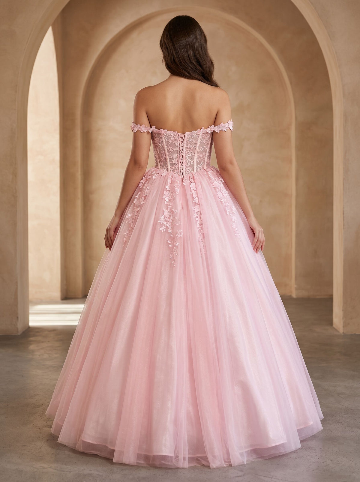 Petal Tulle A-Line Off-the-Shoulder Lace-up Floor-Length Dress with Lace Bodice - Curvevia