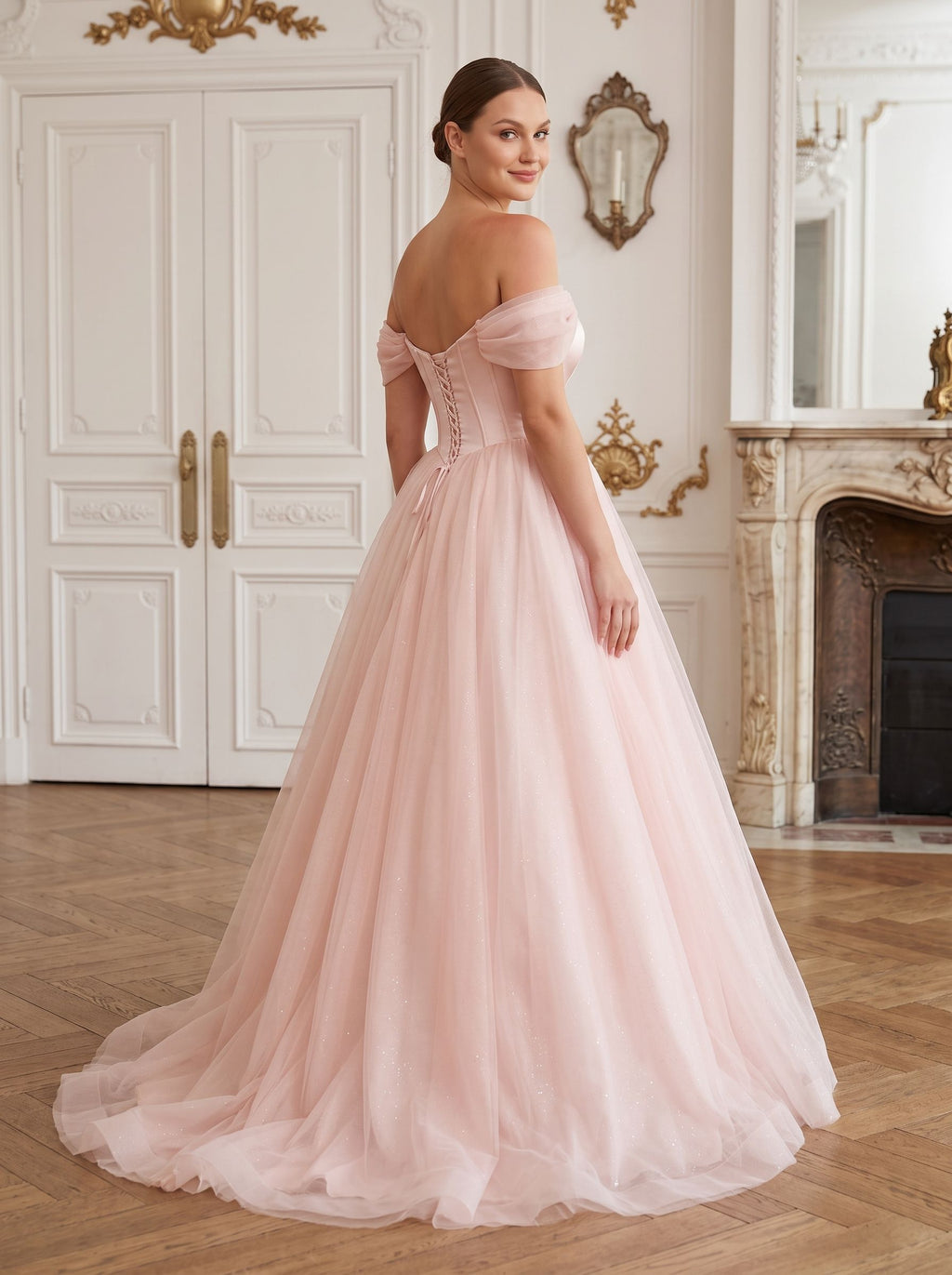 Blushing Pink Tulle A-Line Off-the-Shoulder Backless Floor-Length Dress with Built-In Bra - Curvevia