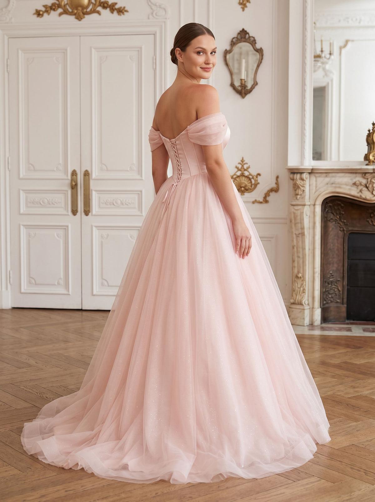 Blushing Pink Tulle A-Line Off-the-Shoulder Backless Floor-Length Dress with Built-In Bra - Curvevia