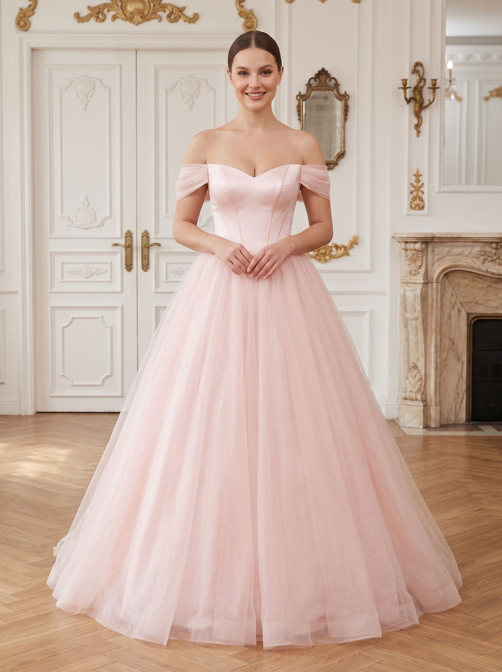 Blushing Pink Tulle A-Line Off-the-Shoulder Backless Floor-Length Dress with Built-In Bra - Curvevia