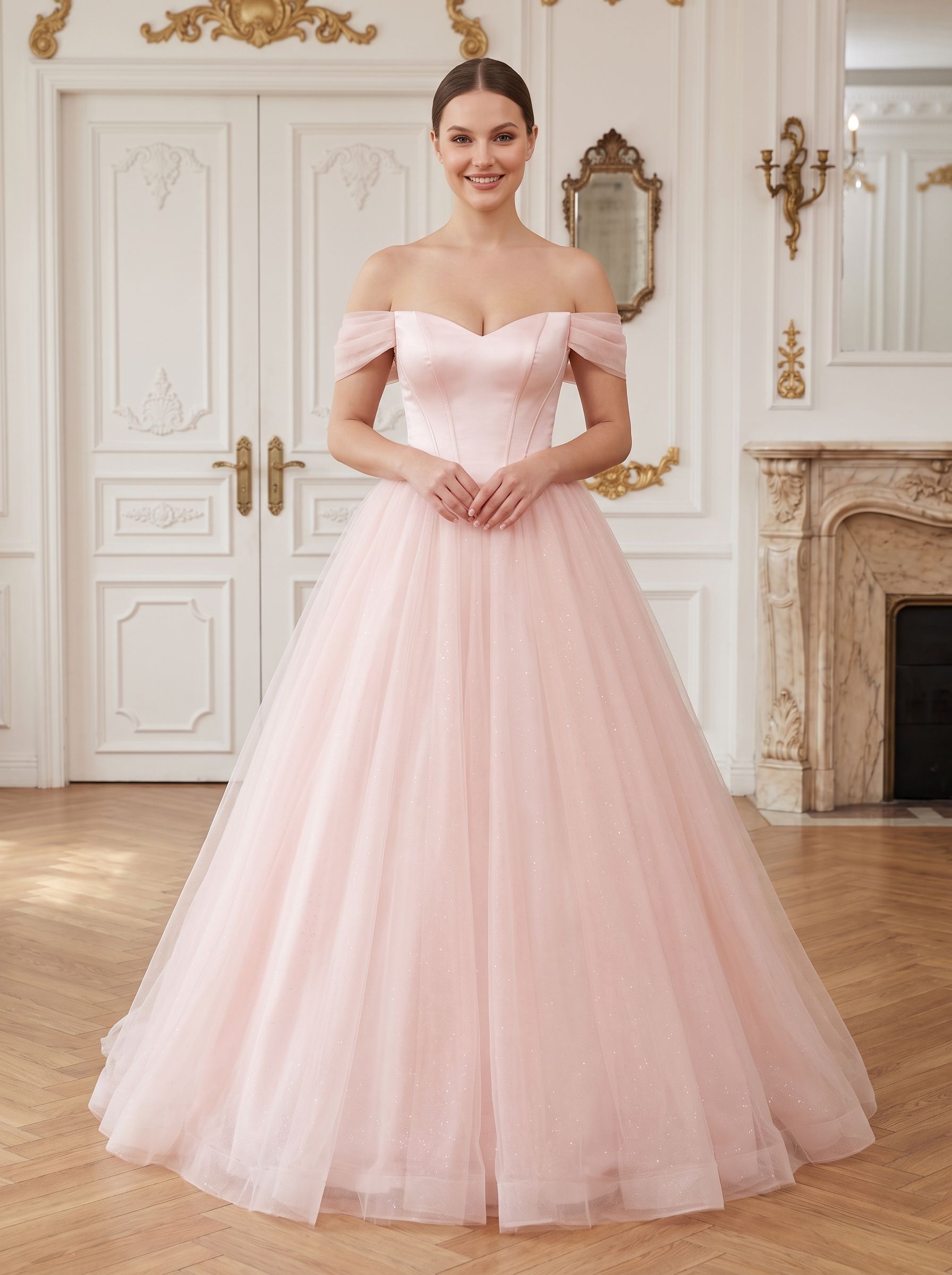 Blushing Pink Tulle A-Line Off-the-Shoulder Backless Floor-Length Dress with Built-In Bra - Curvevia