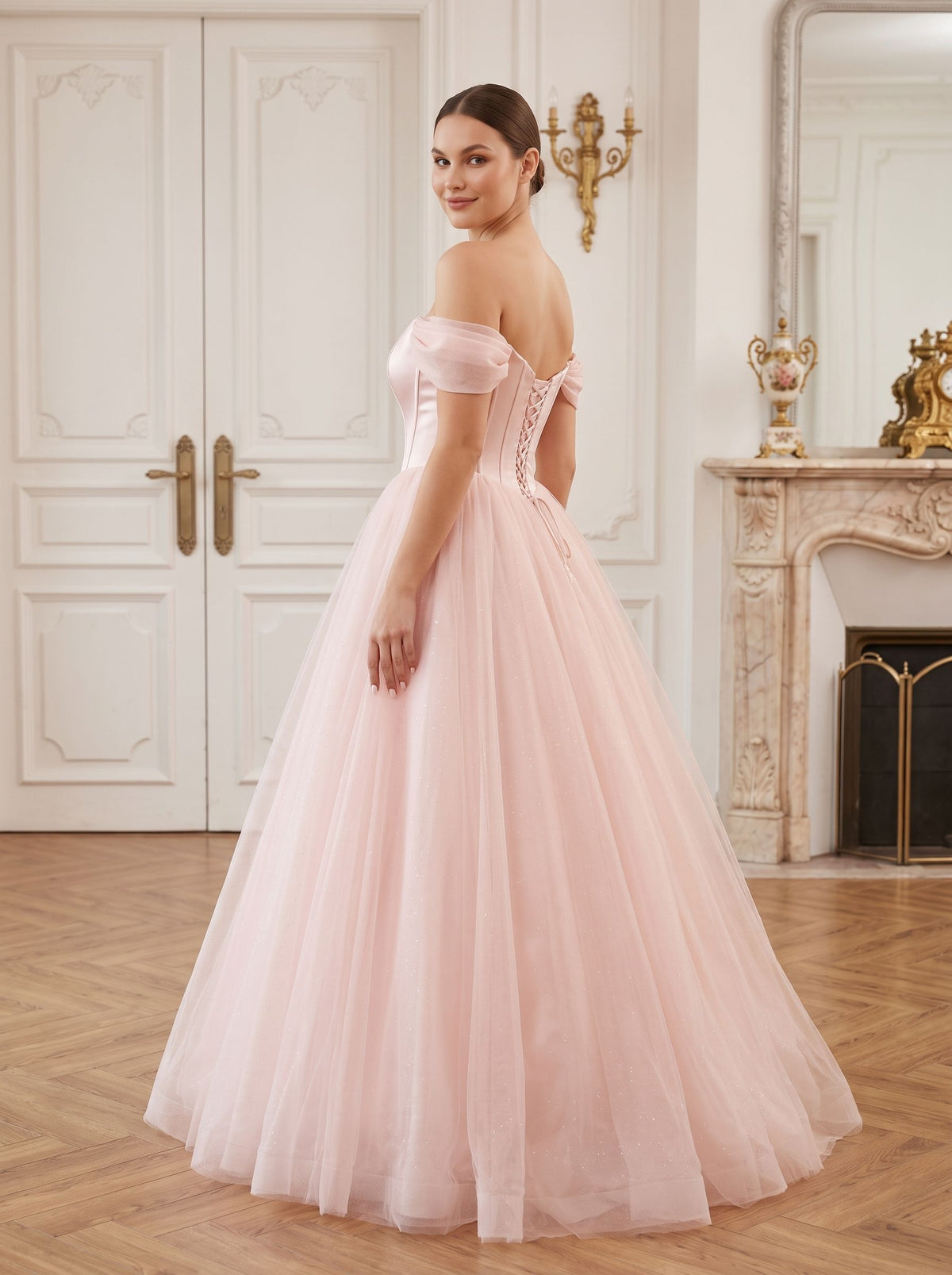 Blushing Pink Tulle A-Line Off-the-Shoulder Backless Floor-Length Dress with Built-In Bra - Curvevia
