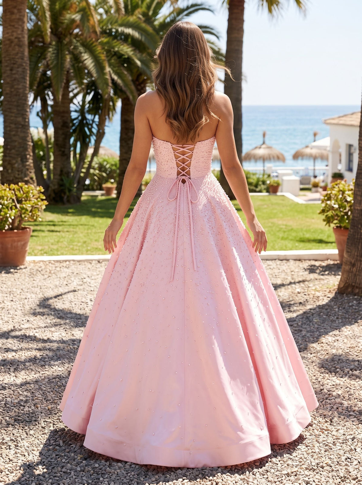 Petal Satin A-Line Sweetheart Criss-Cross Straps Floor-Length Dress with Pearls - Curvevia