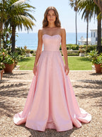 Petal Satin A-Line Sweetheart Criss-Cross Straps Floor-Length Dress with Pearls - Curvevia