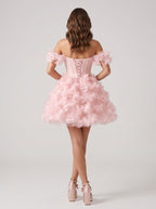 Petal Tulle A-Line Off-the-Shoulder Lace-up Short Dress with 3D Floral - Curvevia