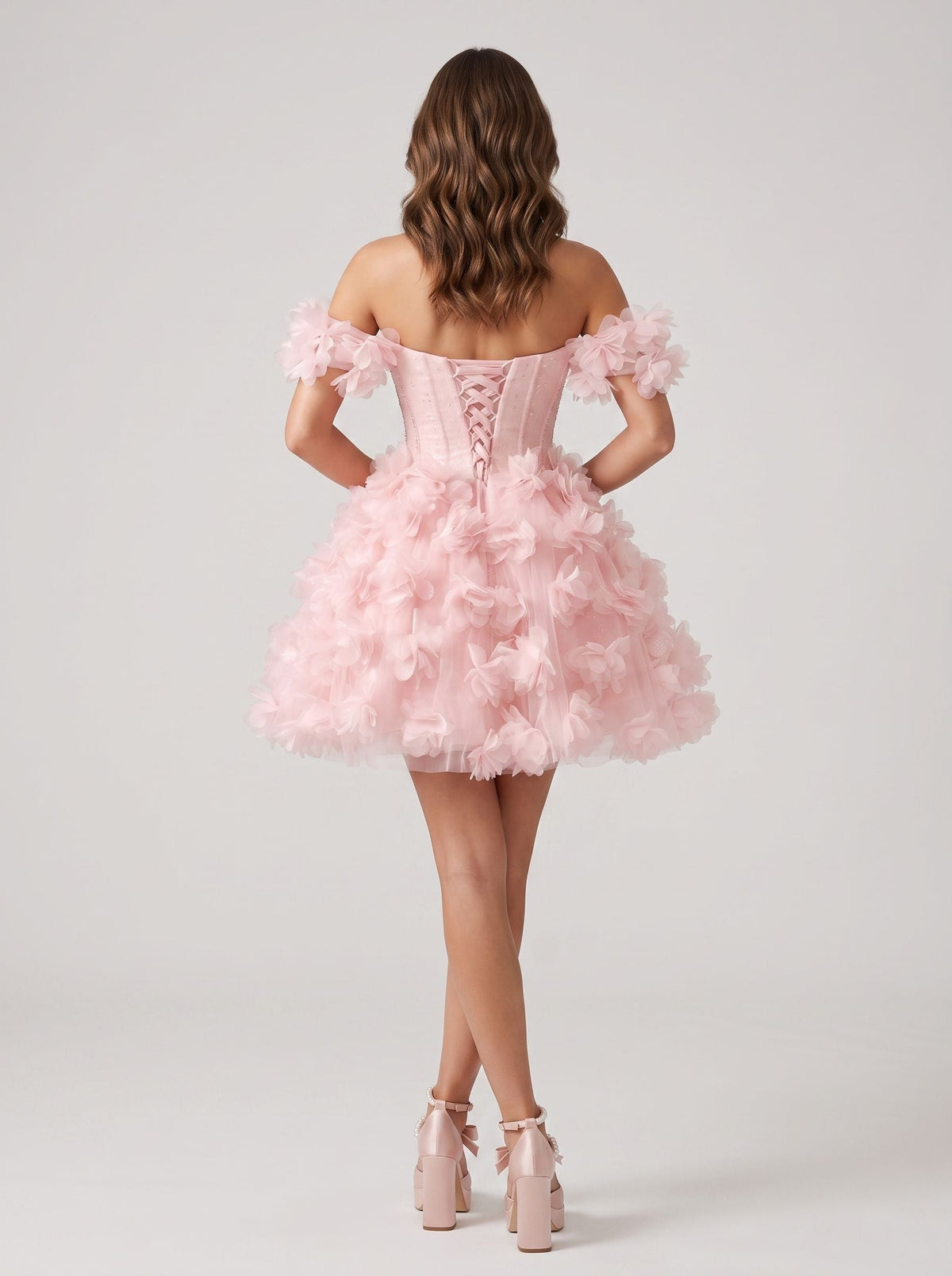 Petal Tulle A-Line Off-the-Shoulder Lace-up Short Dress with 3D Floral - Curvevia