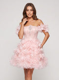 Petal Tulle A-Line Off-the-Shoulder Lace-up Short Dress with 3D Floral - Curvevia