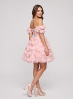 Petal Tulle A-Line Off-the-Shoulder Lace-up Short Dress with 3D Floral - Curvevia