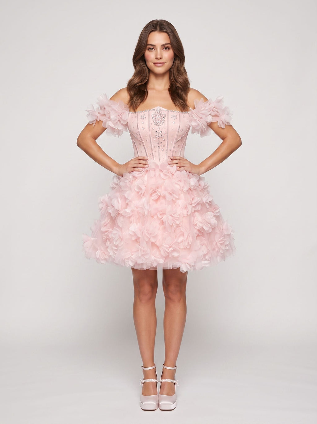 Petal Tulle A-Line Off-the-Shoulder Lace-up Short Dress with 3D Floral - Curvevia