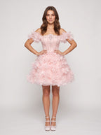 Petal Tulle A-Line Off-the-Shoulder Lace-up Short Dress with 3D Floral - Curvevia
