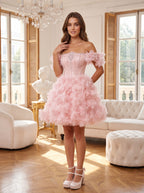 Petal Tulle A-Line Off-the-Shoulder Lace-up Short Dress with 3D Floral - Curvevia