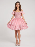 Petal Tulle A-Line Off-the-Shoulder Lace-up Short Dress with Beading - Curvevia