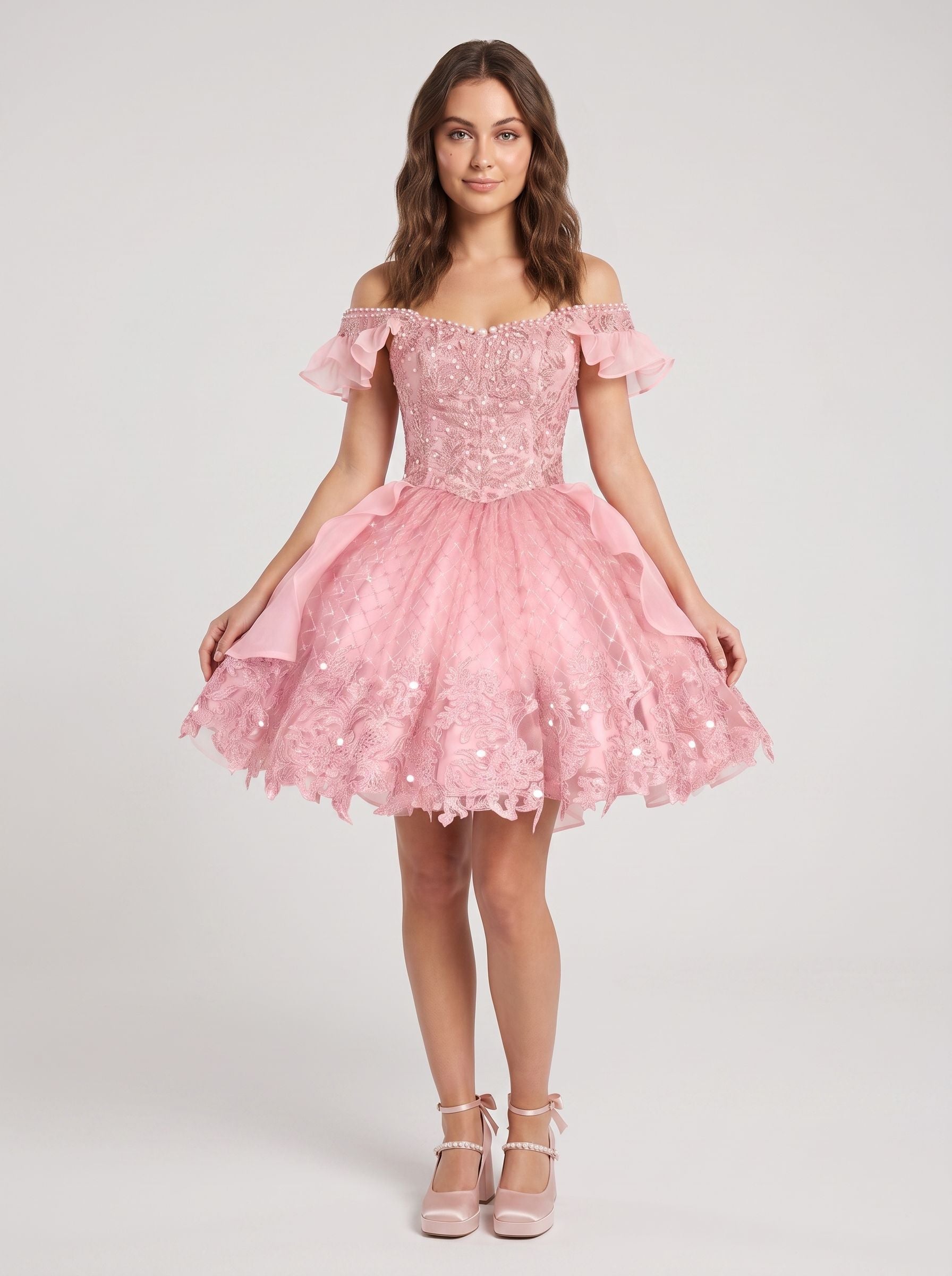 Petal Tulle A-Line Off-the-Shoulder Lace-up Short Dress with Beading - Curvevia