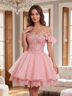 Petal Tulle A-Line Off-the-Shoulder Lace-up Short Dress with Beading - Curvevia